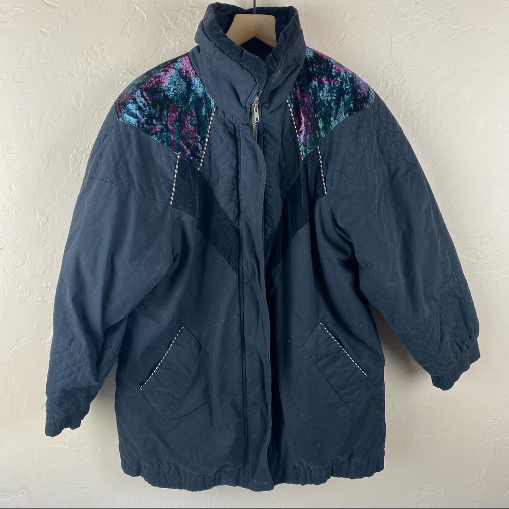 Current Seen vintage puffer coat jacket black velvet floral gold  80s medium